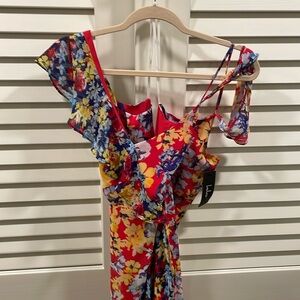 Lulus radiant ruby red floral chiffon maxi dress